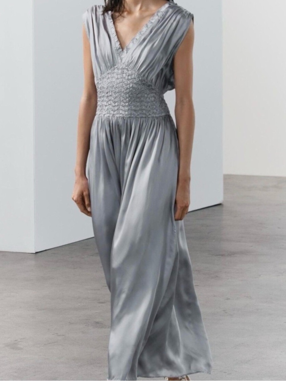 ZARA Sleeveless Smocked Satin Maxi Dress Small - Picture 3 of 8